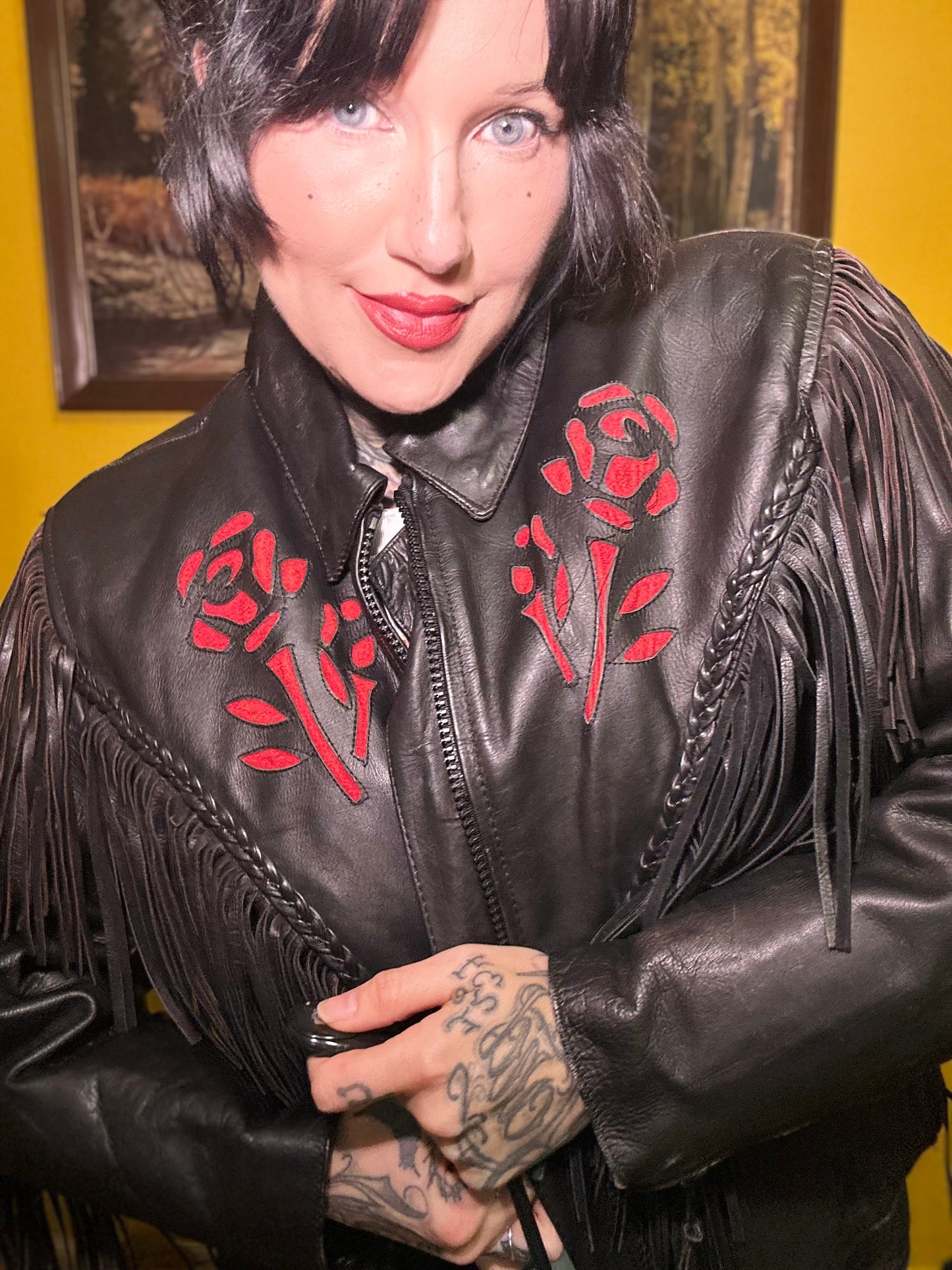Vintage Fringed Rose Leather Riding Jacket L