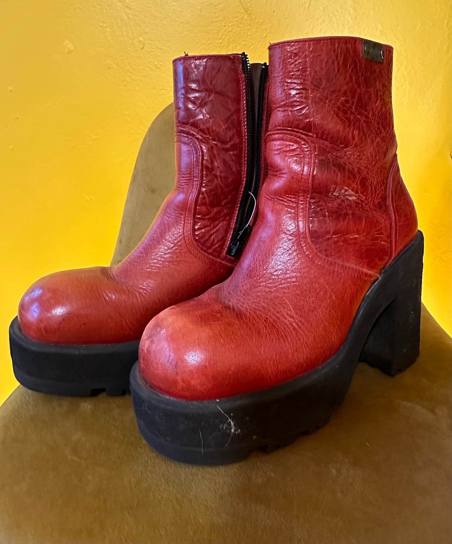 Vintage 1990s Destroy Red Leather Platform Boots Sz 9