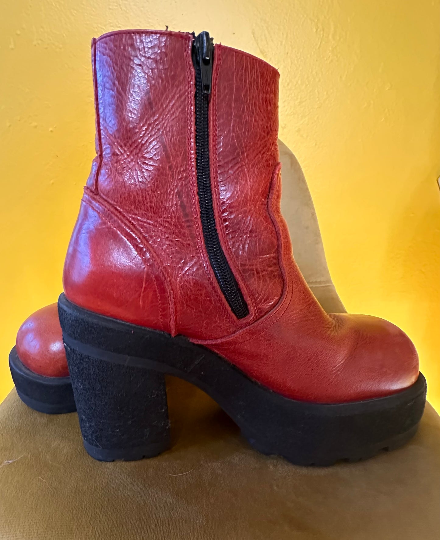 Vintage 1990s Destroy Red Leather Platform Boots Sz 9