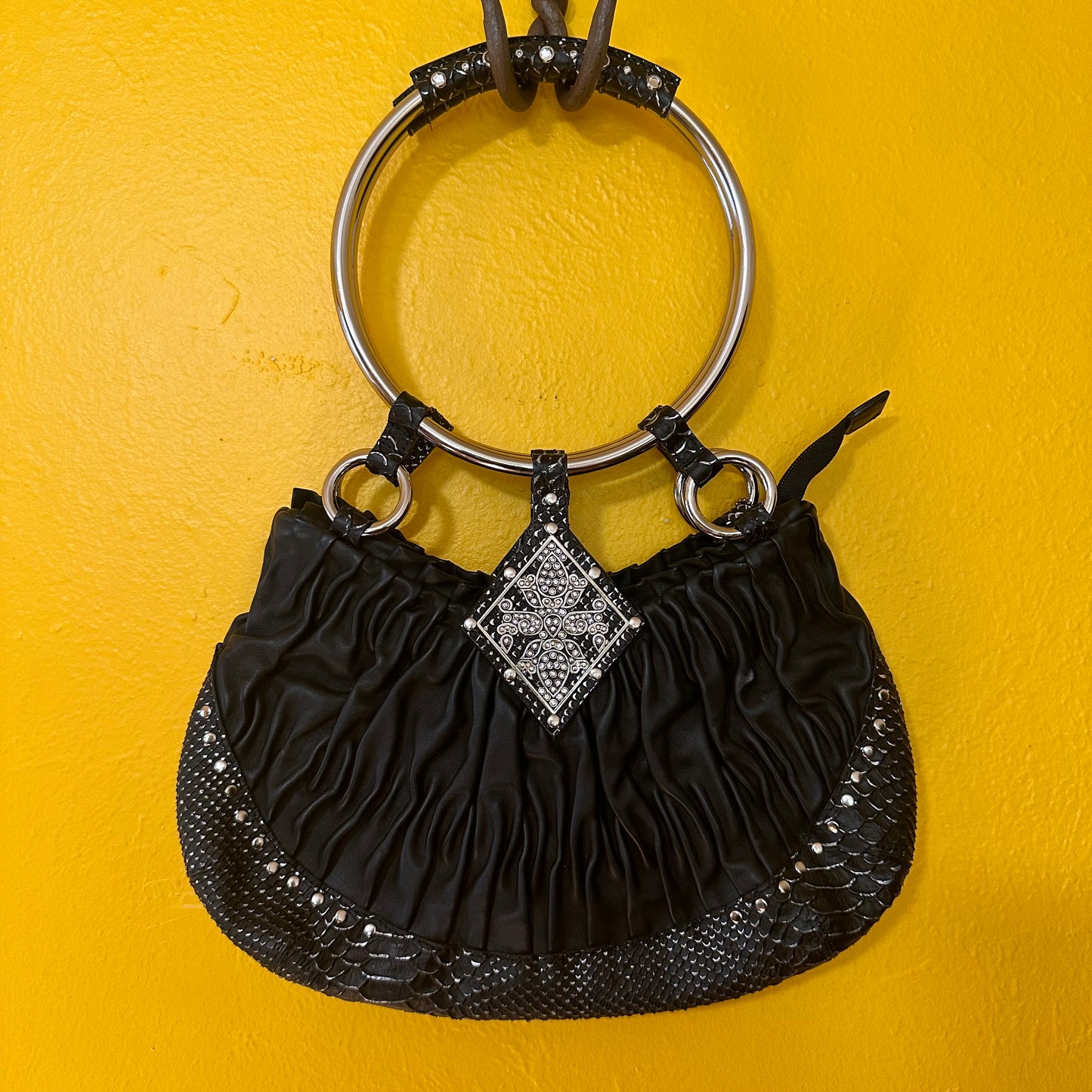 Y2K O ring Bag Purse by Babeed Deadstock Leather Rhinestoned