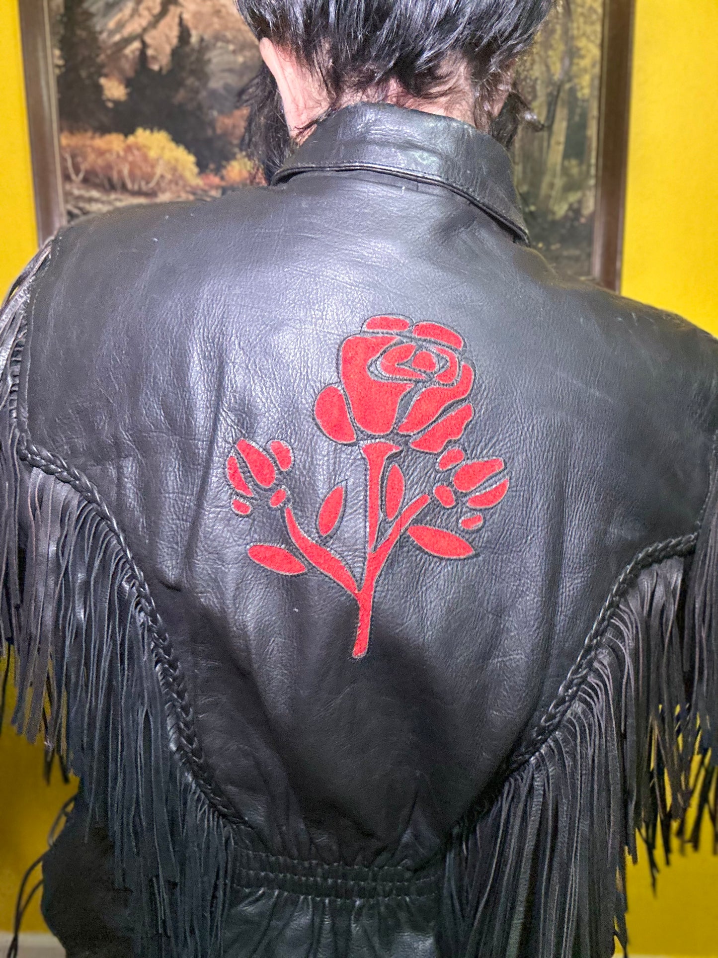 Vintage Fringed Rose Leather Riding Jacket L