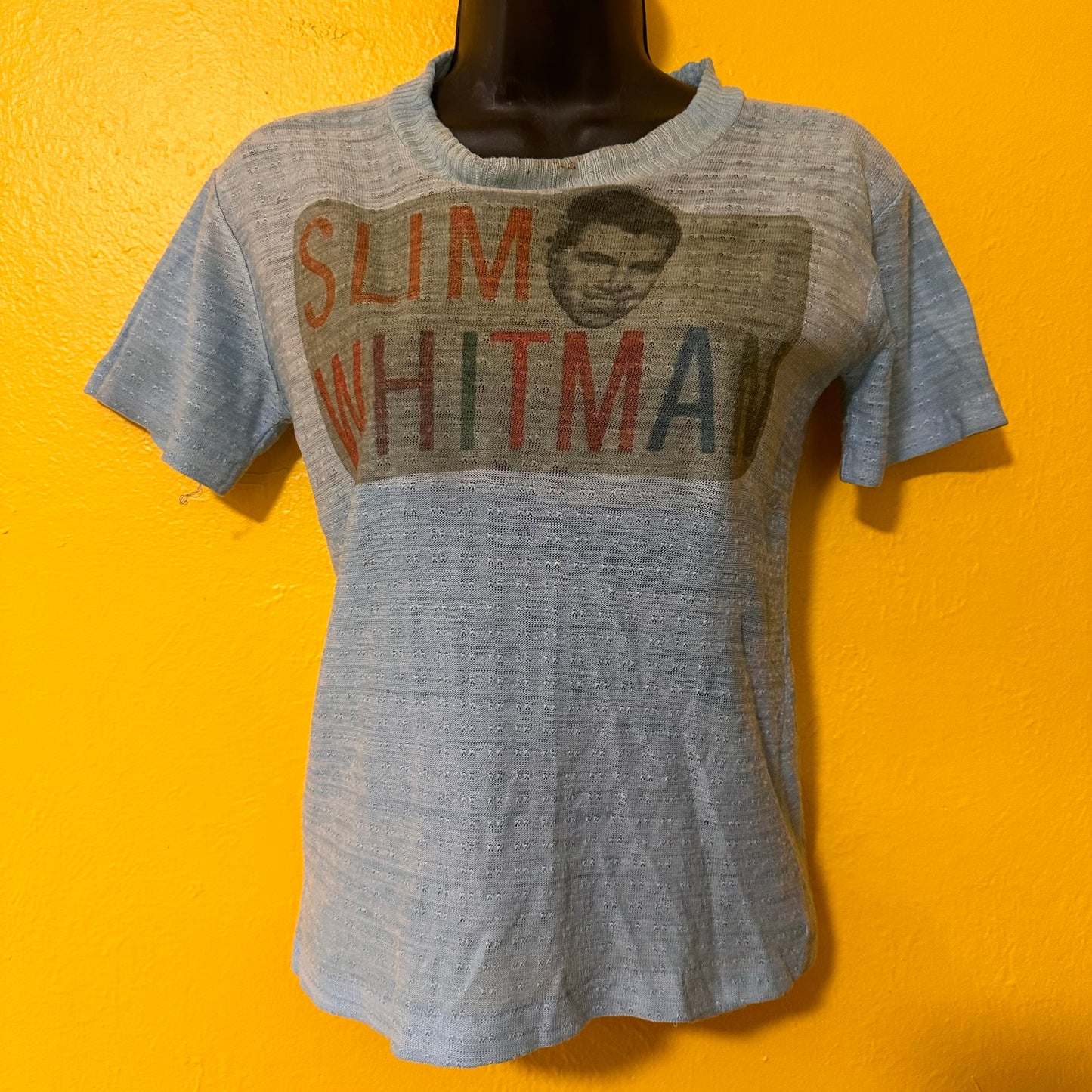 Vintage Blue Baby Tee with Slim Whitman Print S