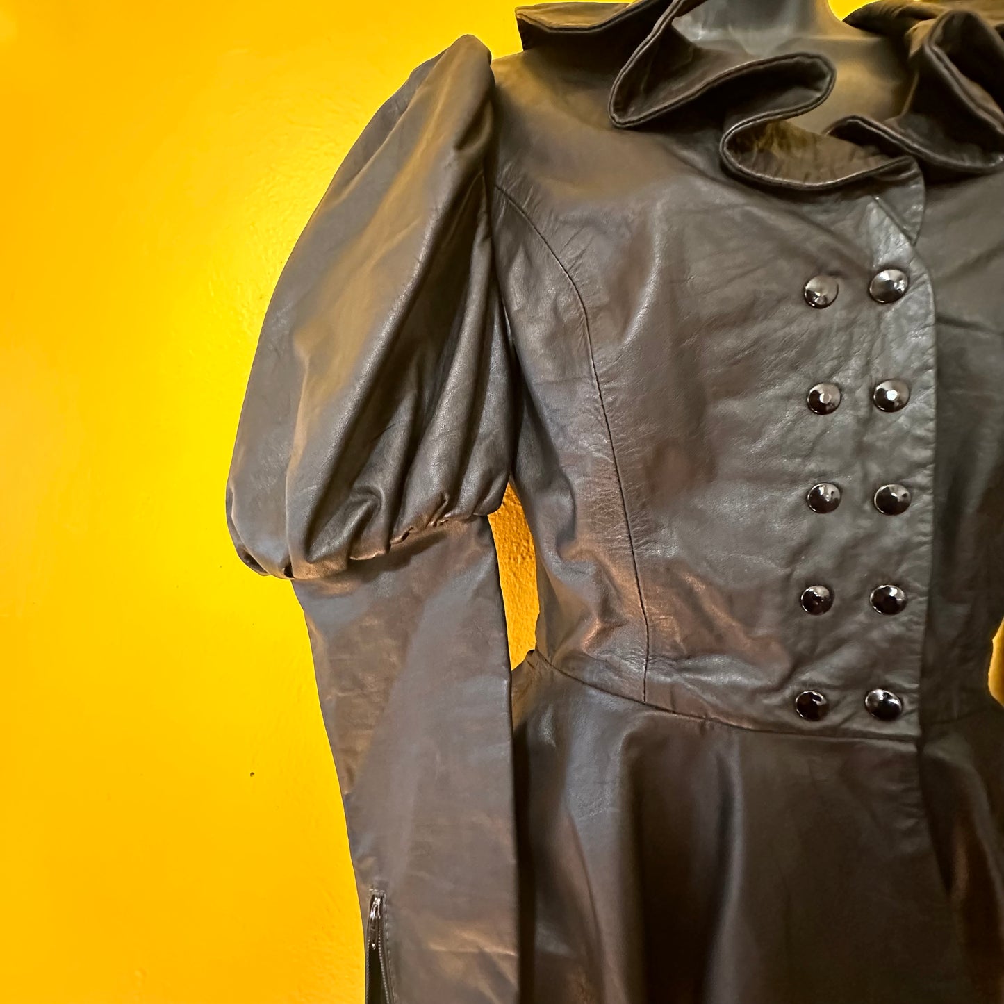 Edwardian Style Leather Double Breasted Leather Coat with Peplum skirt size XS