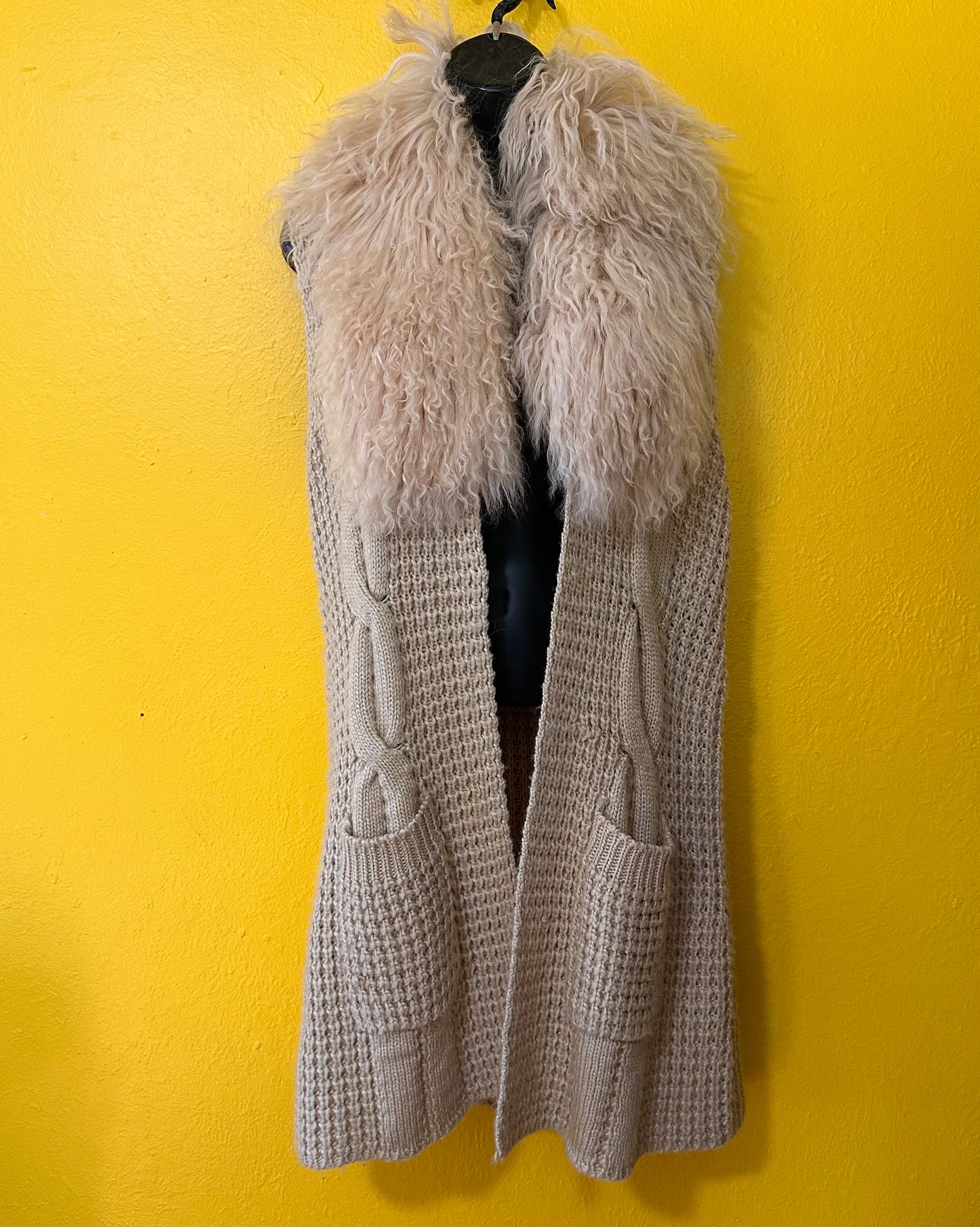 Authentic Mongolian Fur Collar Cable Knit Duster
