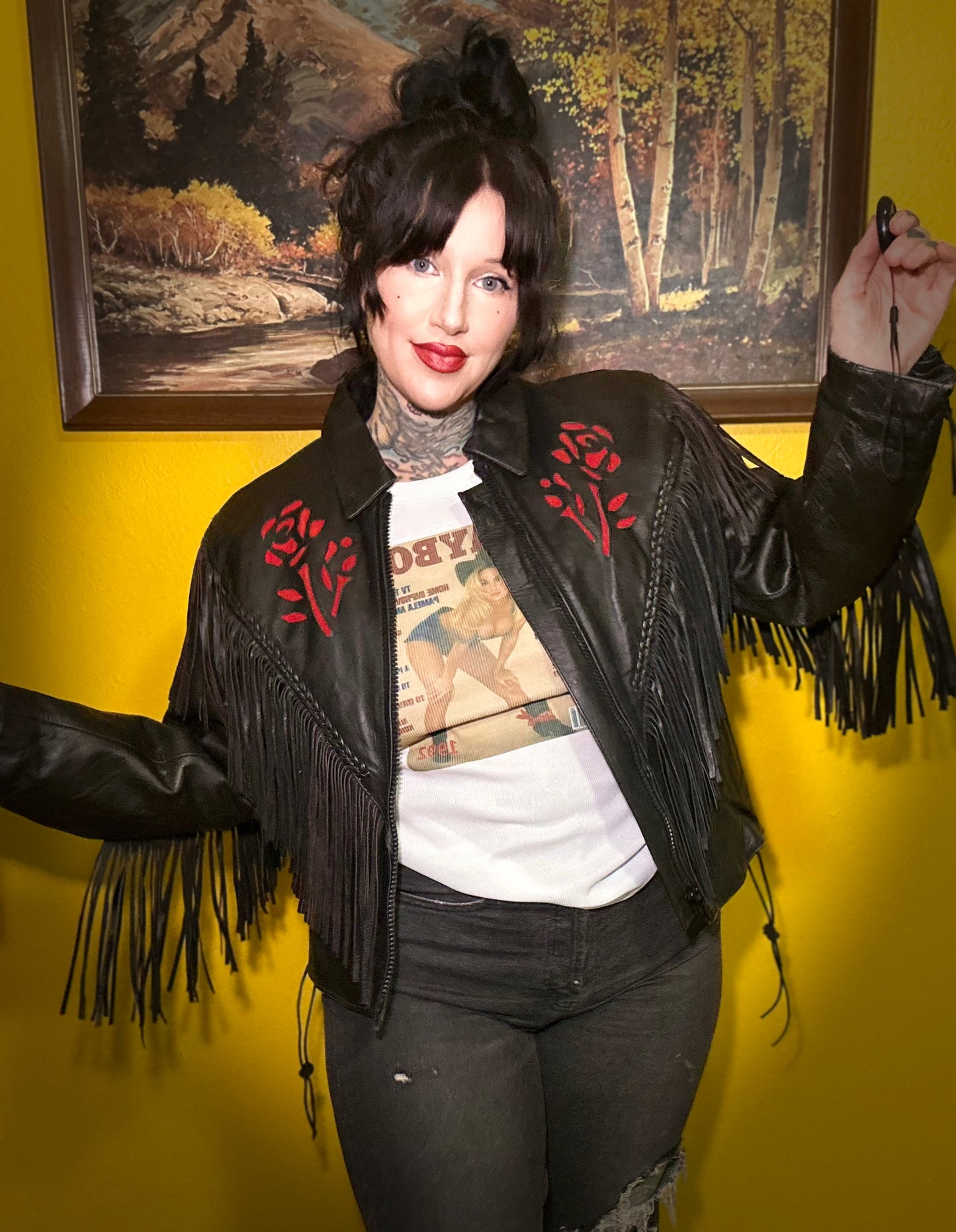 Vintage Fringed Rose Leather Riding Jacket L