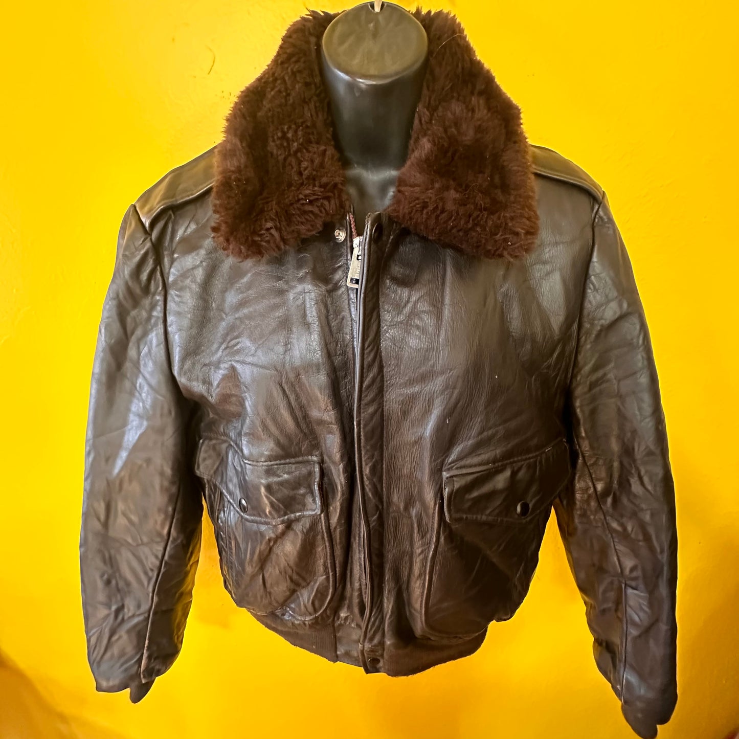 Vintage 1970s Brown Leather Pilot Bomber S M