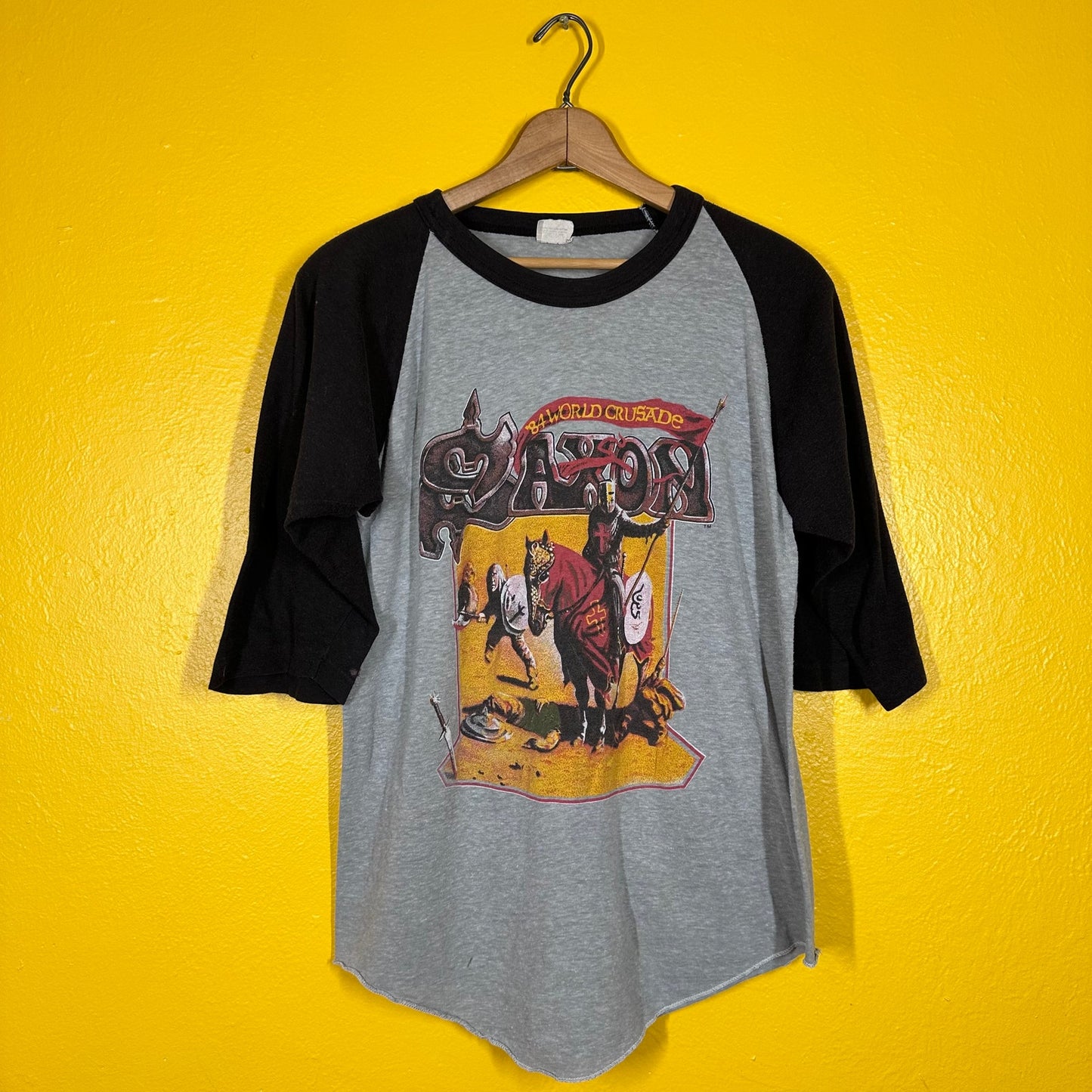 Vtg Saxon Raglan World Tour Tee 84 Sz M Metal Thrash Rock T Metalcore Doublesided