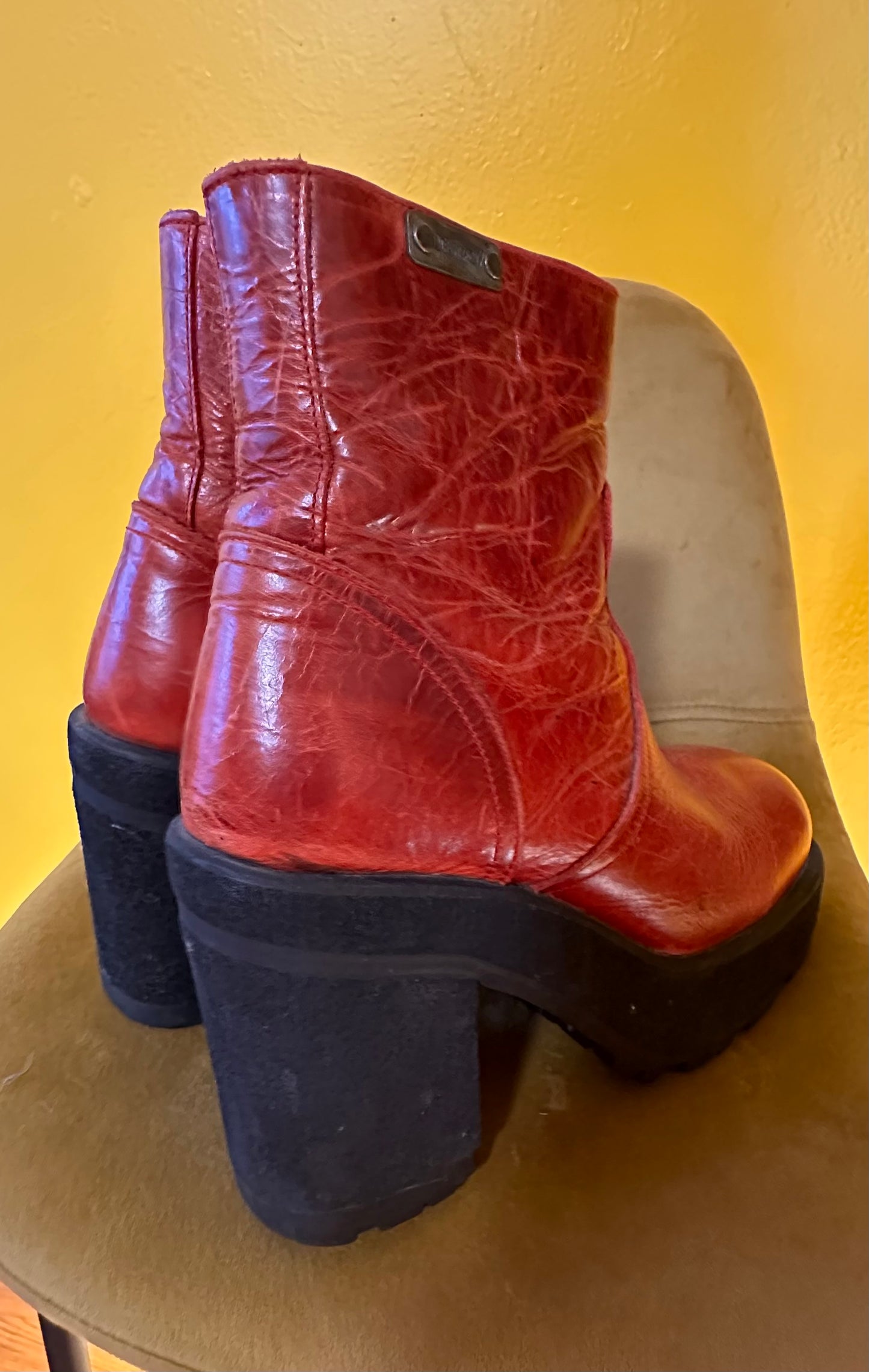 Vintage 1990s Destroy Red Leather Platform Boots Sz 9