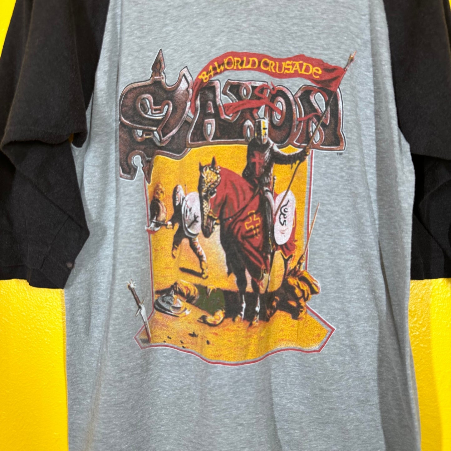Vtg Saxon Raglan World Tour Tee 84 Sz M Metal Thrash Rock T Metalcore Doublesided