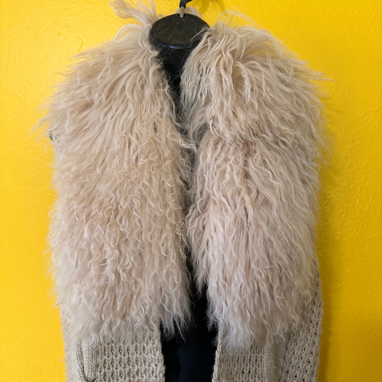 Authentic Mongolian Fur Collar Cable Knit Duster