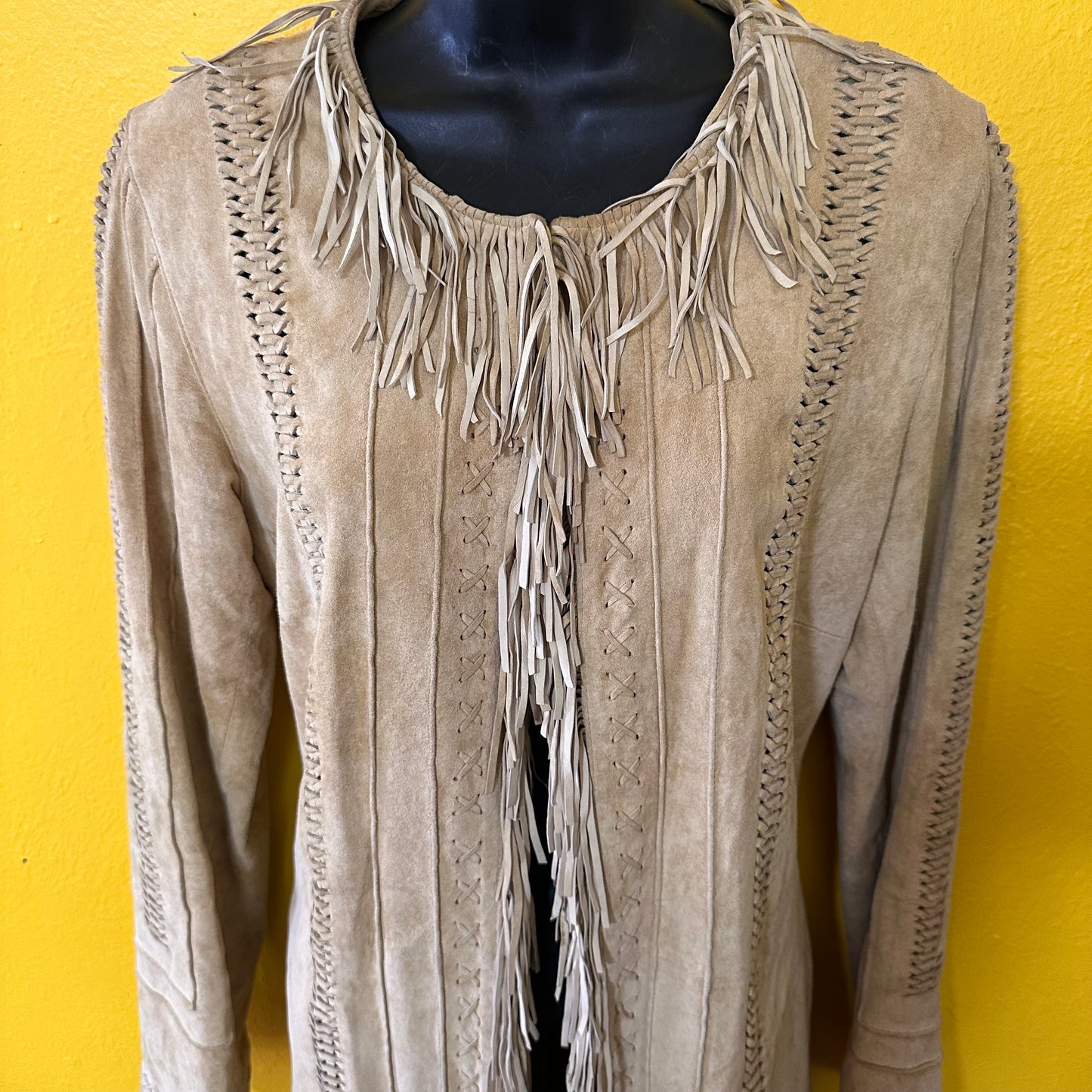 Vintage 1990s Suede Leather Braided and Fringed Jacket M