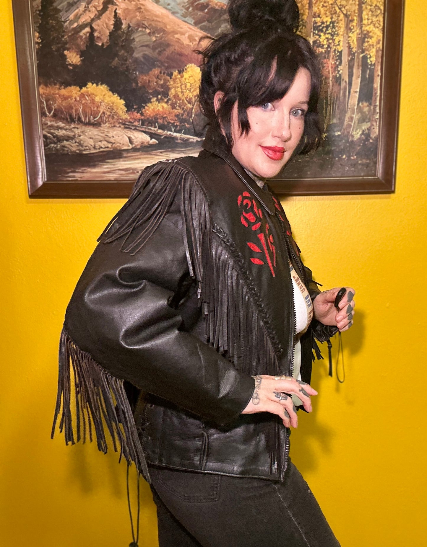 Vintage Fringed Rose Leather Riding Jacket L