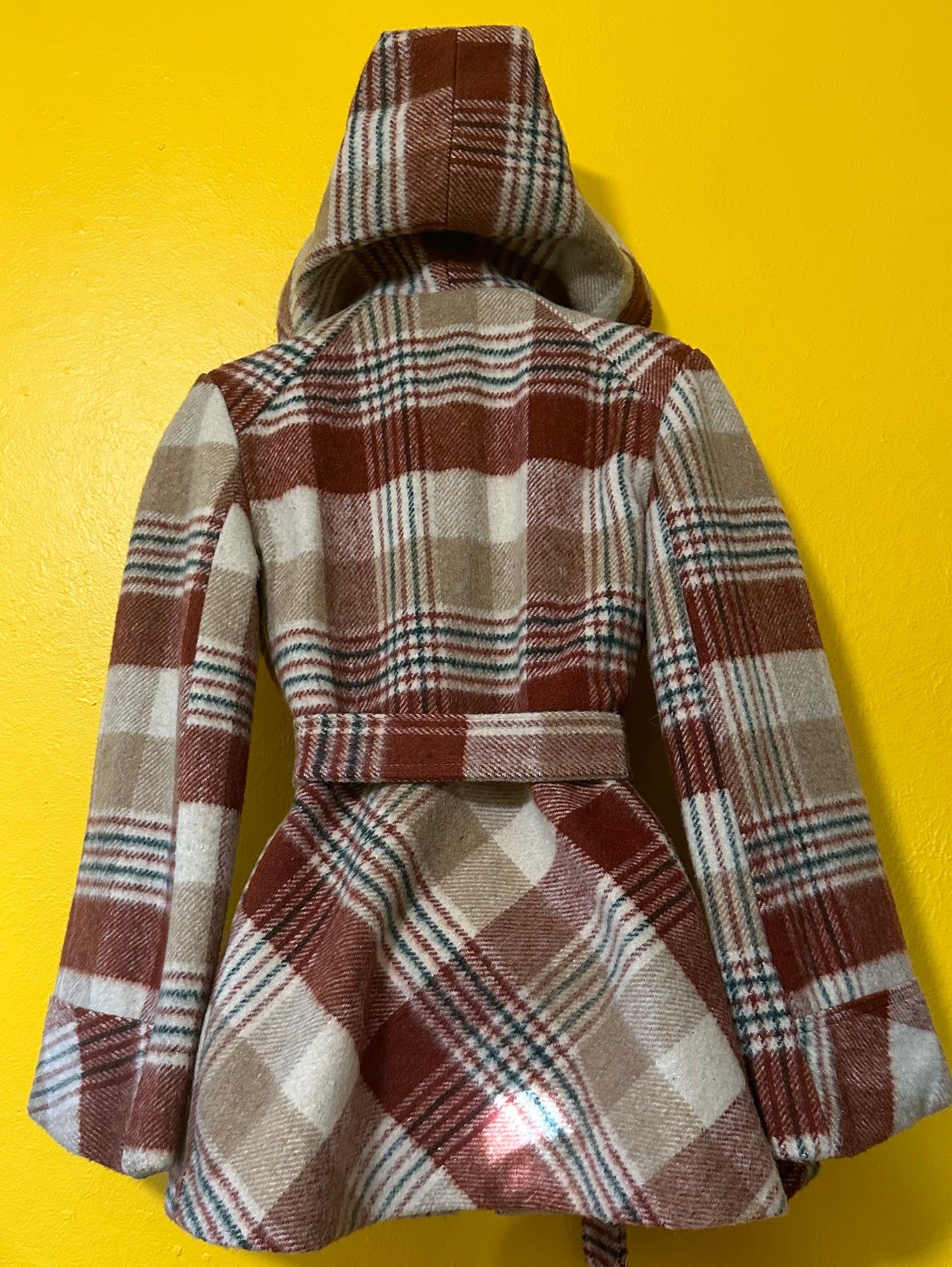 Vintage 1970s Plaid Wool Hooded Coat with Belt S