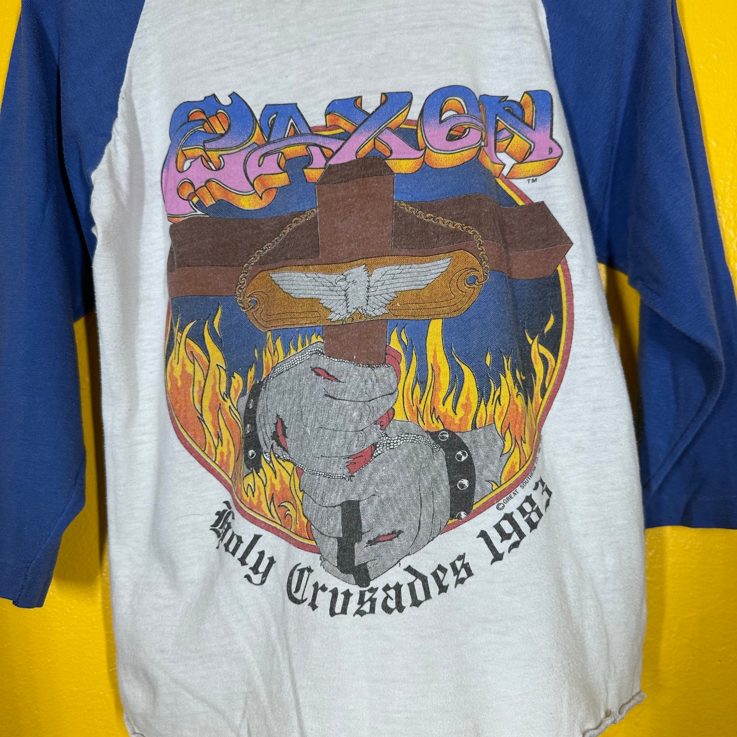 VTG Saxon Raglan 1983 Double Sided Single Stitch Metal Tee T shirt