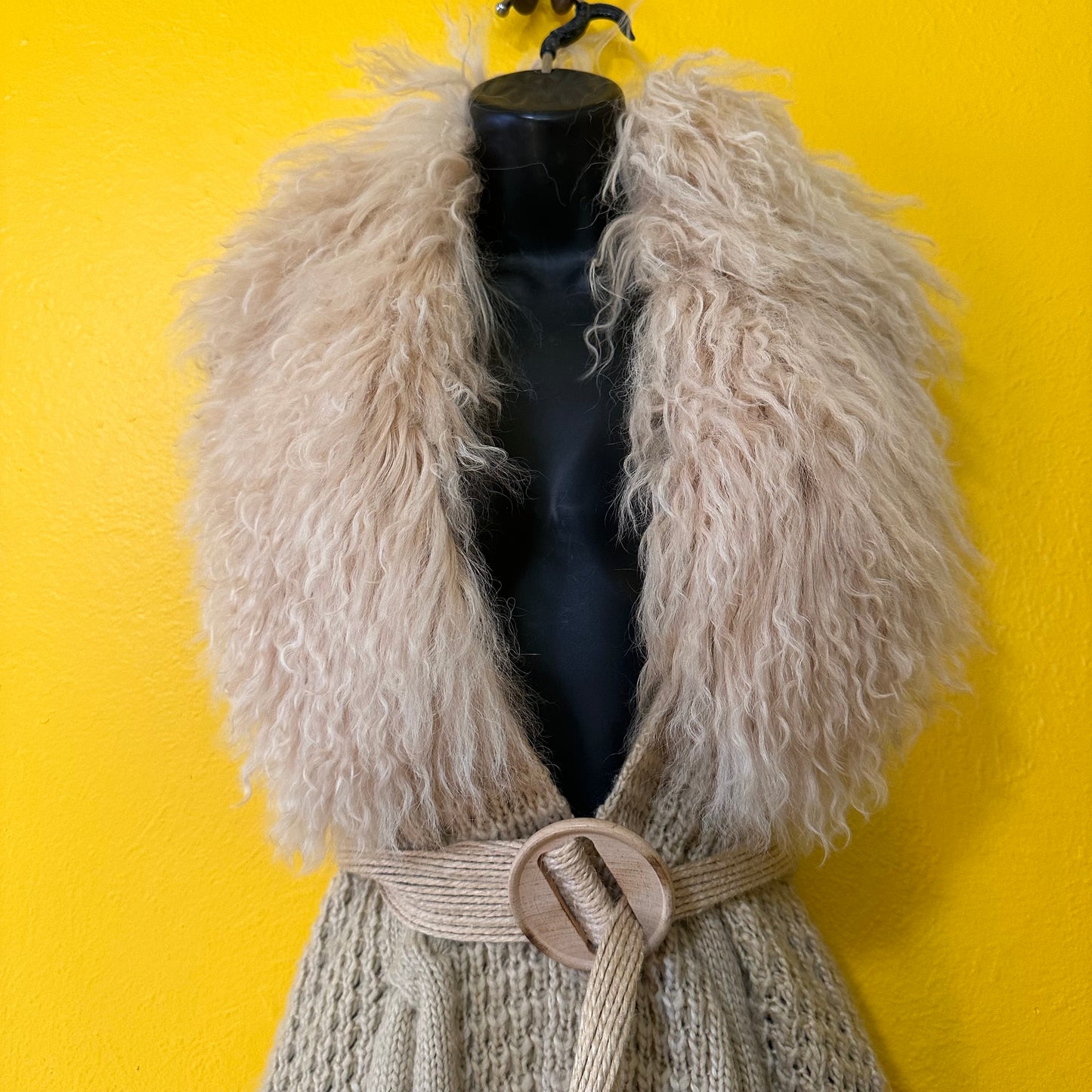 Authentic Mongolian Fur Collar Cable Knit Duster