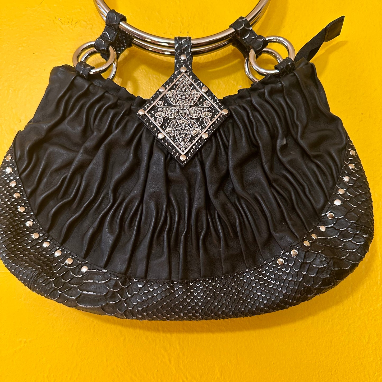 Y2K O ring Bag Purse by Babeed Deadstock Leather Rhinestoned