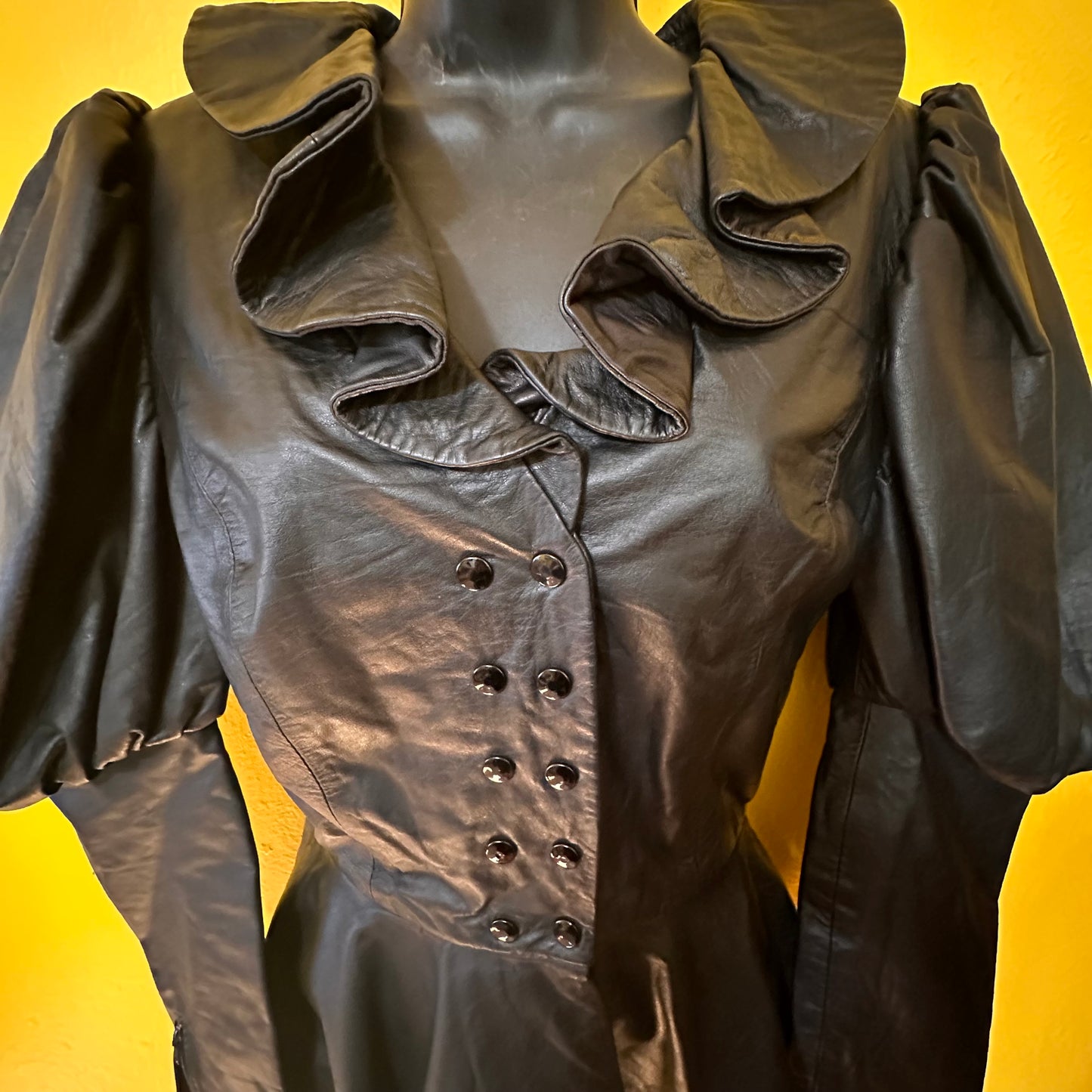 Edwardian Style Leather Double Breasted Leather Coat with Peplum skirt size XS