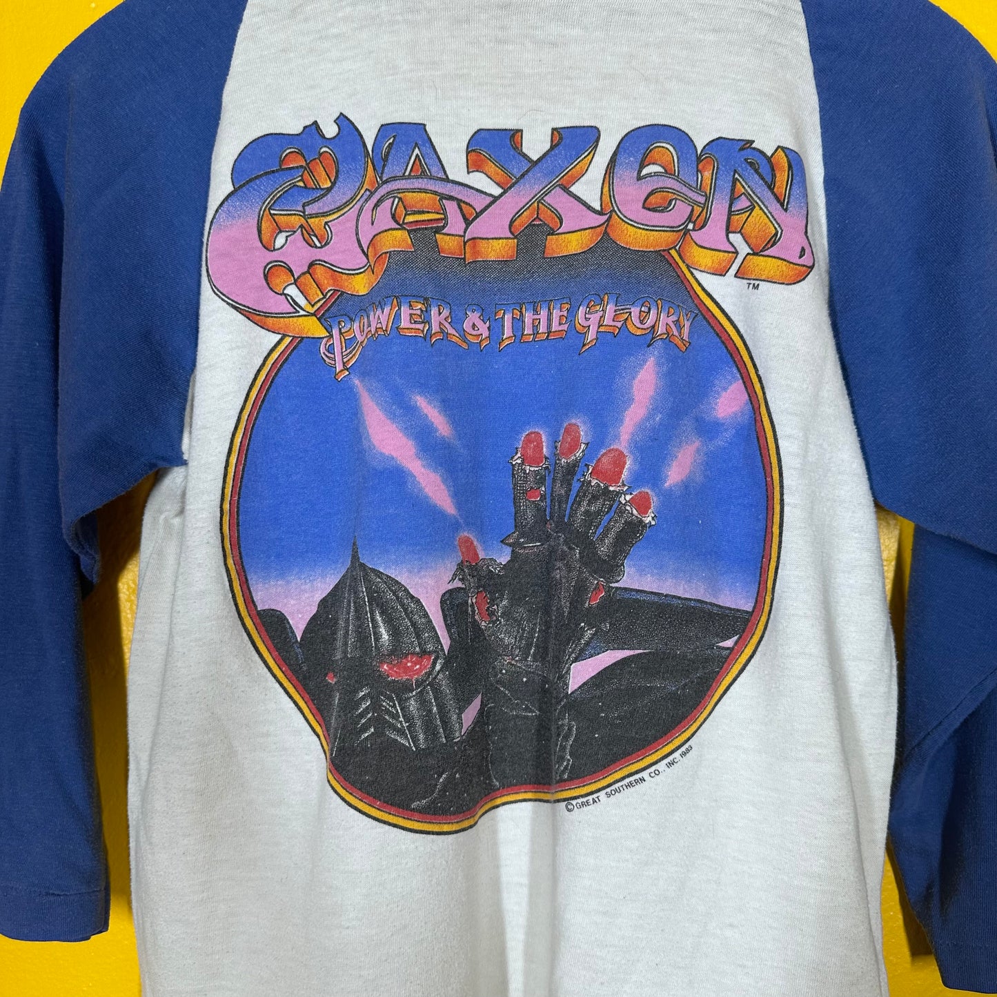 VTG Saxon Raglan 1983 Double Sided Single Stitch Metal Tee T shirt
