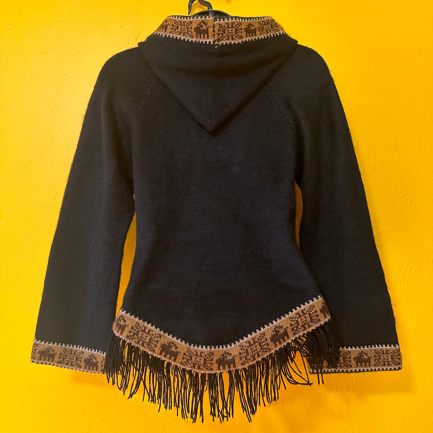 Vintage 1970s Alpaca Hoodie with Fringe S Small