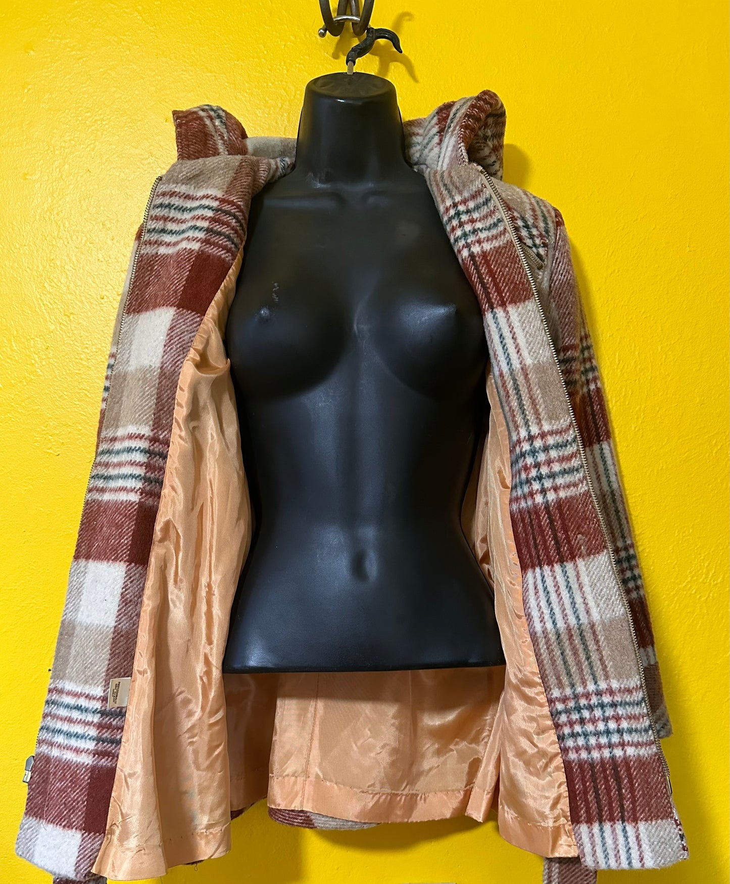Vintage 1970s Plaid Wool Hooded Coat with Belt S