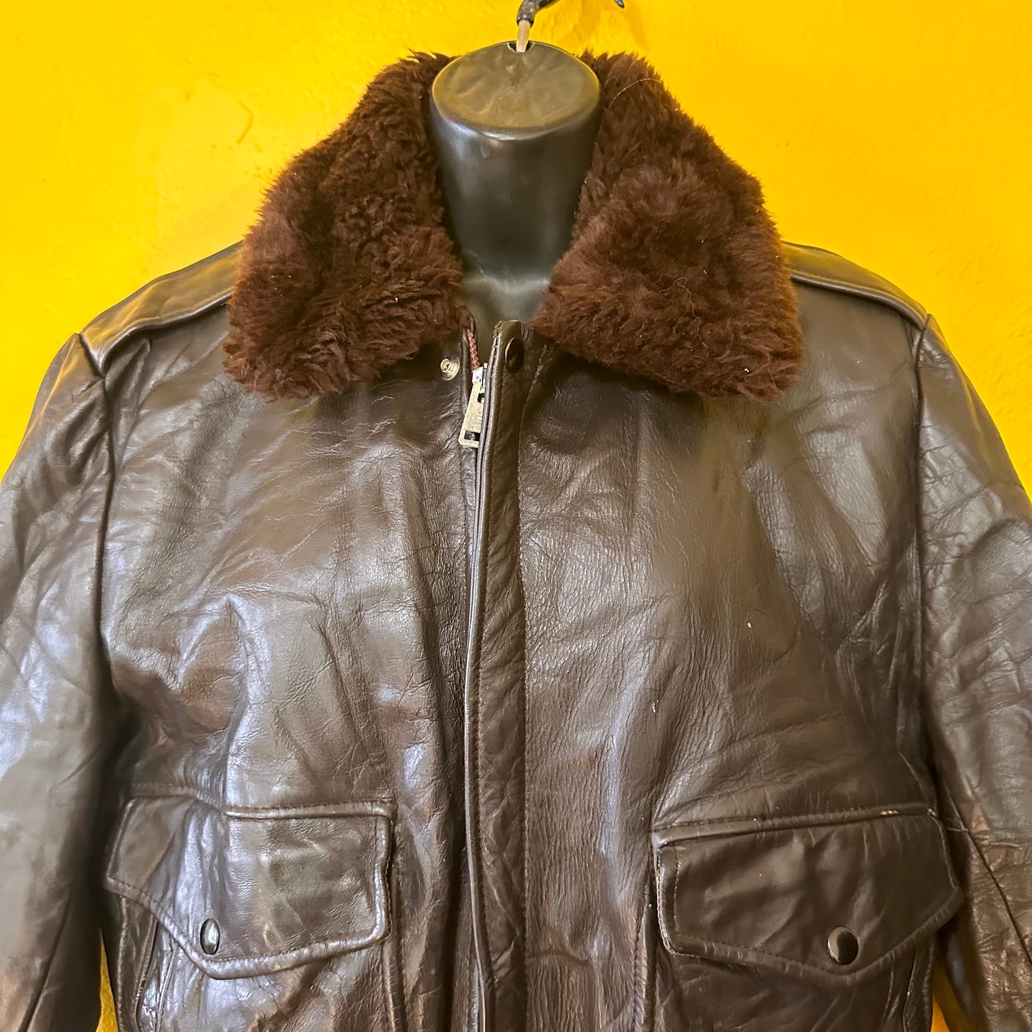 Vintage 1970s Brown Leather Pilot Bomber S M