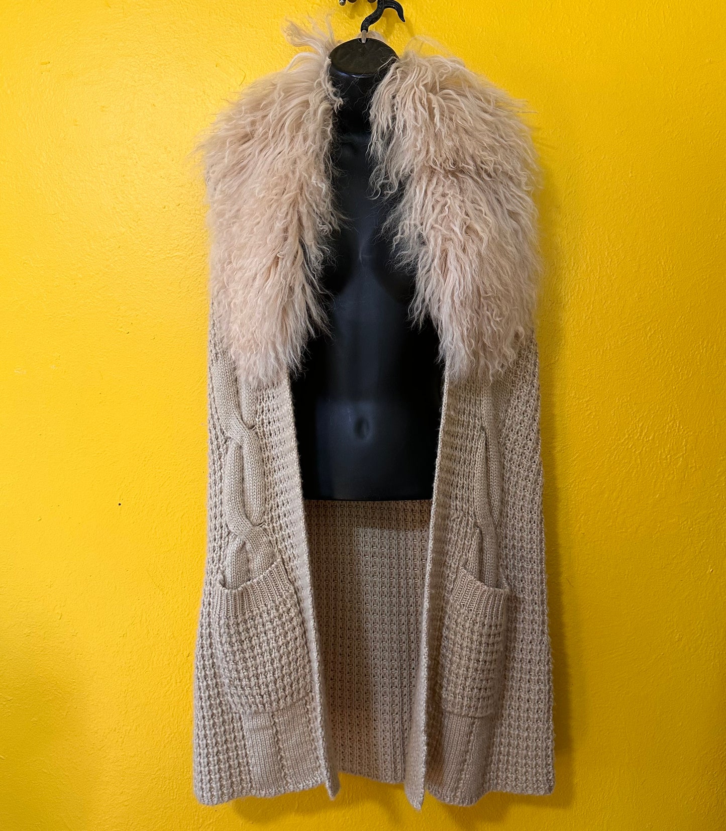 Authentic Mongolian Fur Collar Cable Knit Duster