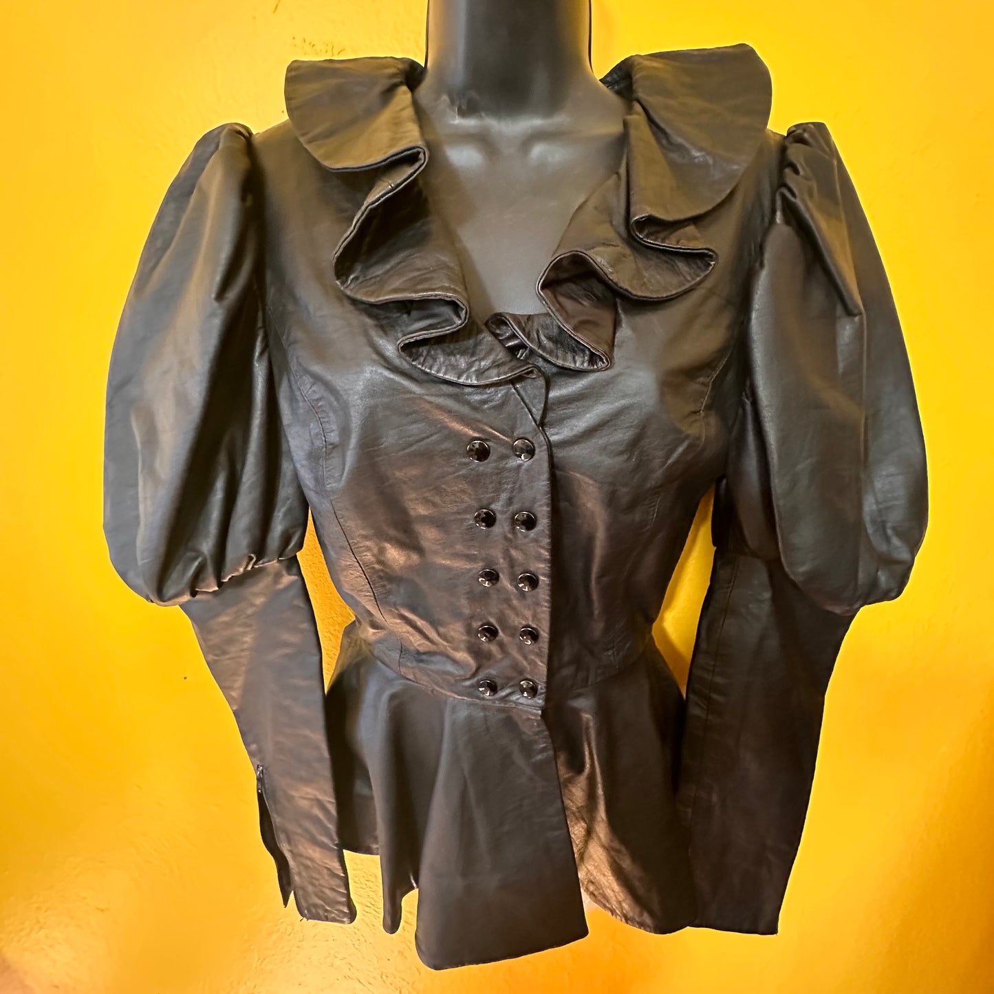 Edwardian Style Leather Double Breasted Leather Coat with Peplum skirt size XS