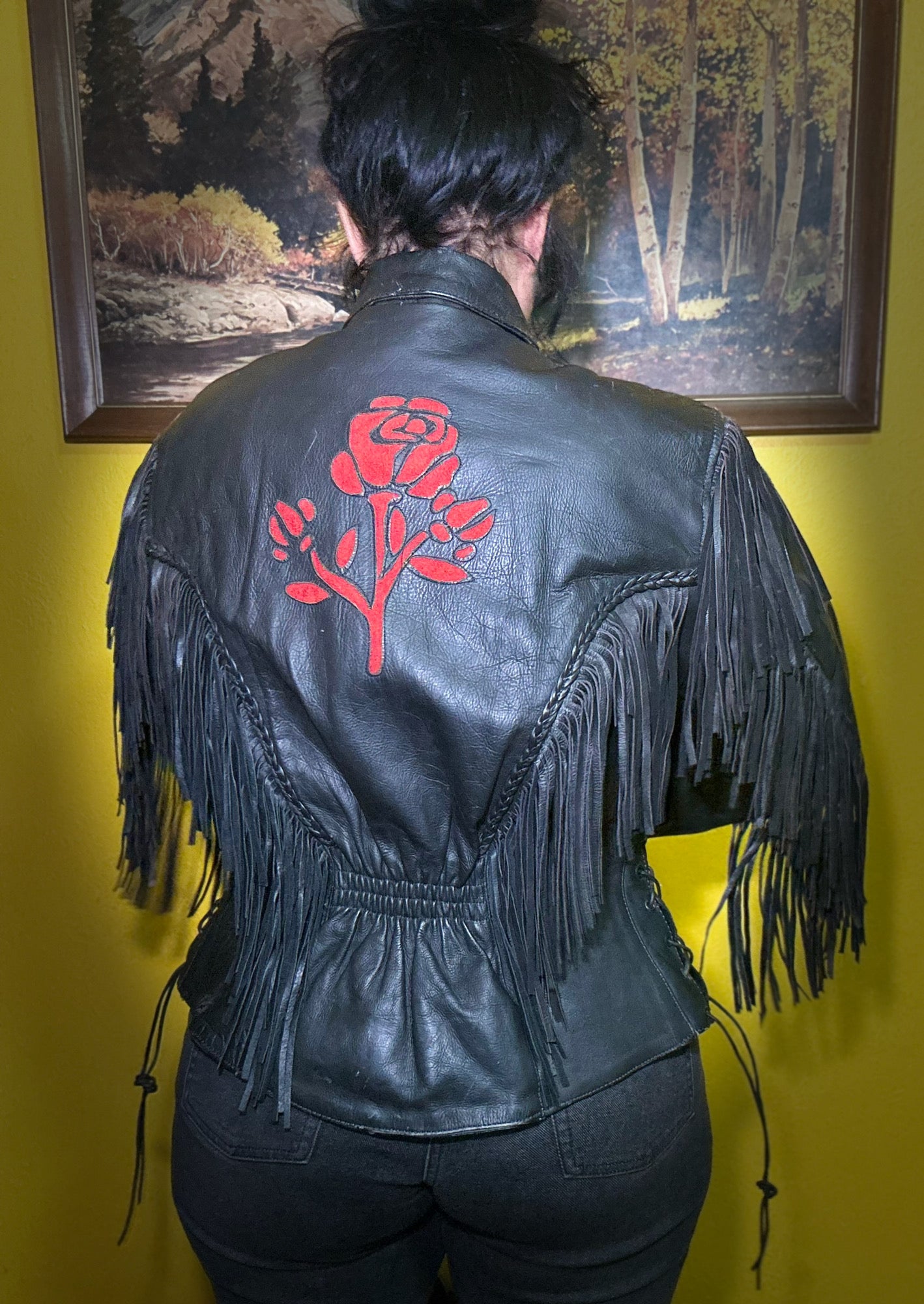 Vintage Fringed Rose Leather Riding Jacket L