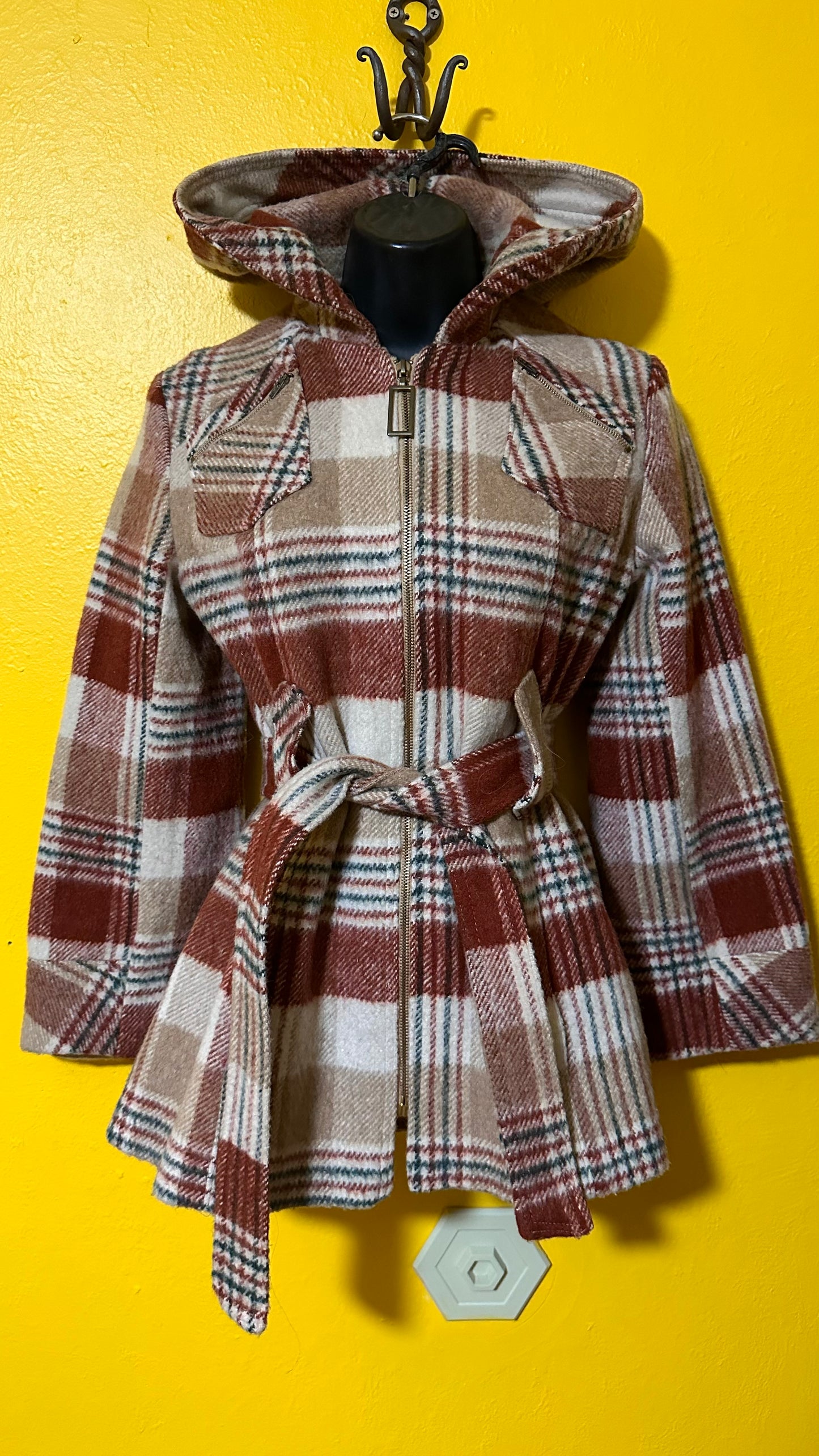 Vintage 1970s Plaid Wool Hooded Coat with Belt S