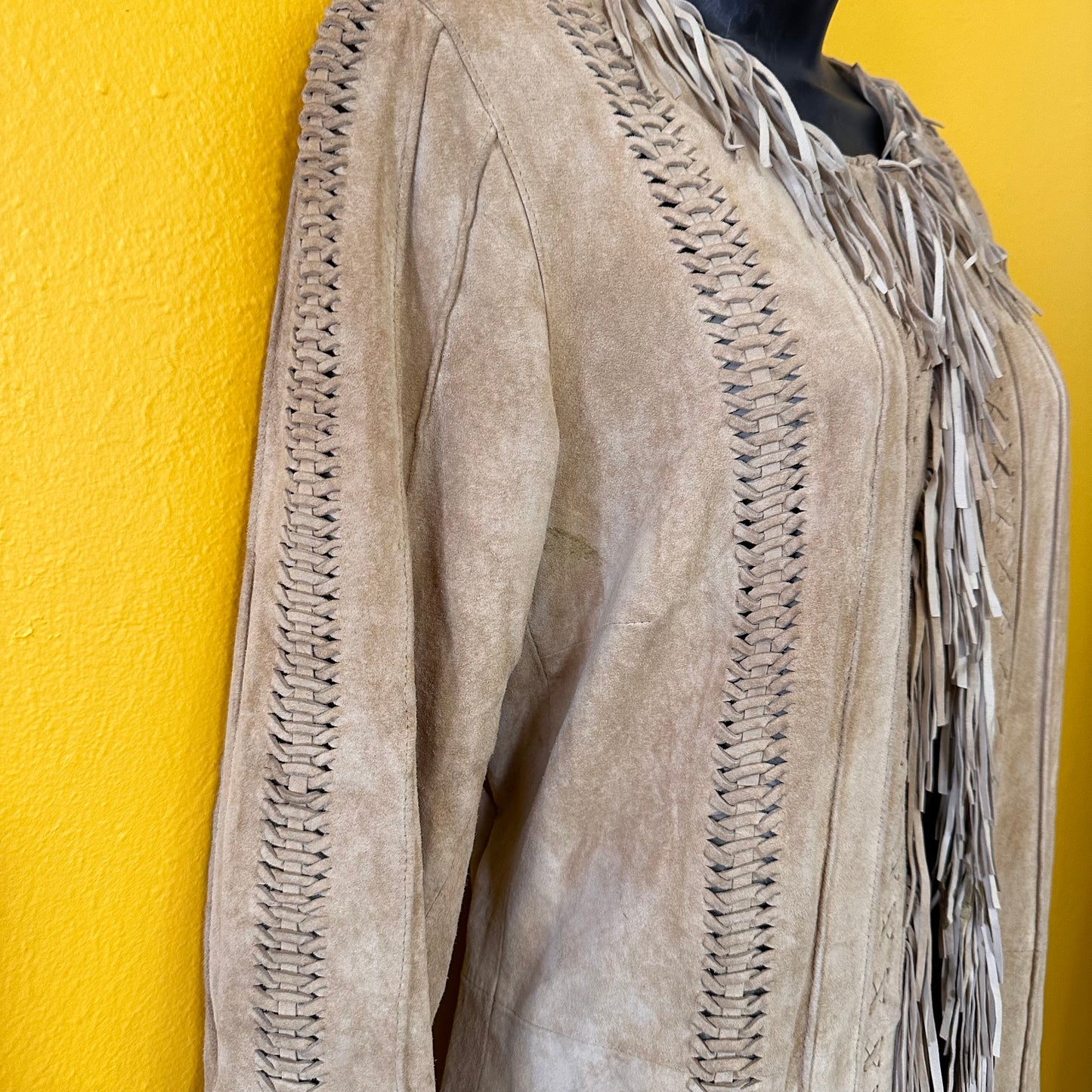 Vintage 1990s Suede Leather Braided and Fringed Jacket M