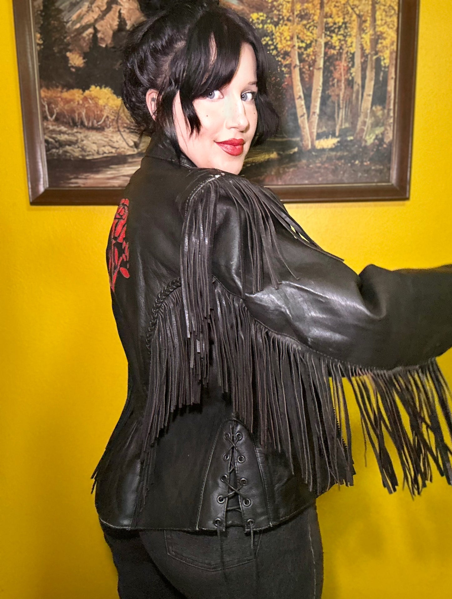 Vintage Fringed Rose Leather Riding Jacket L