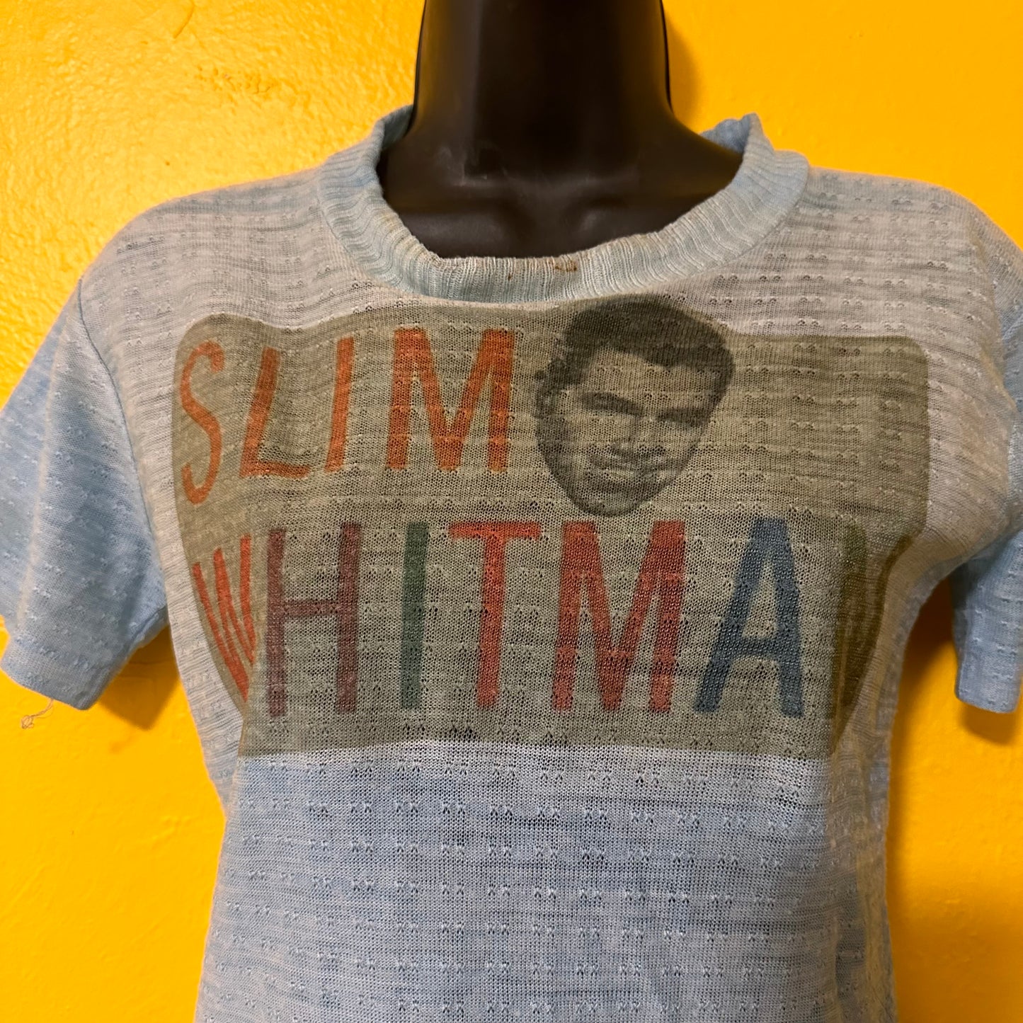 Vintage Blue Baby Tee with Slim Whitman Print S