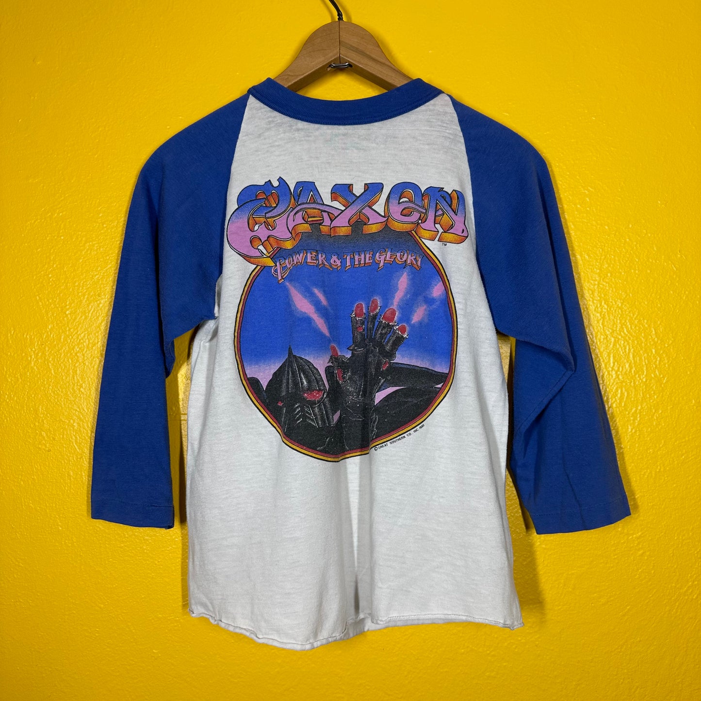 VTG Saxon Raglan 1983 Double Sided Single Stitch Metal Tee T shirt