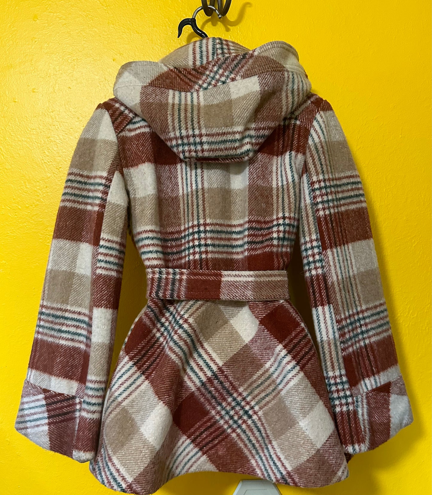 Vintage 1970s Plaid Wool Hooded Coat with Belt S