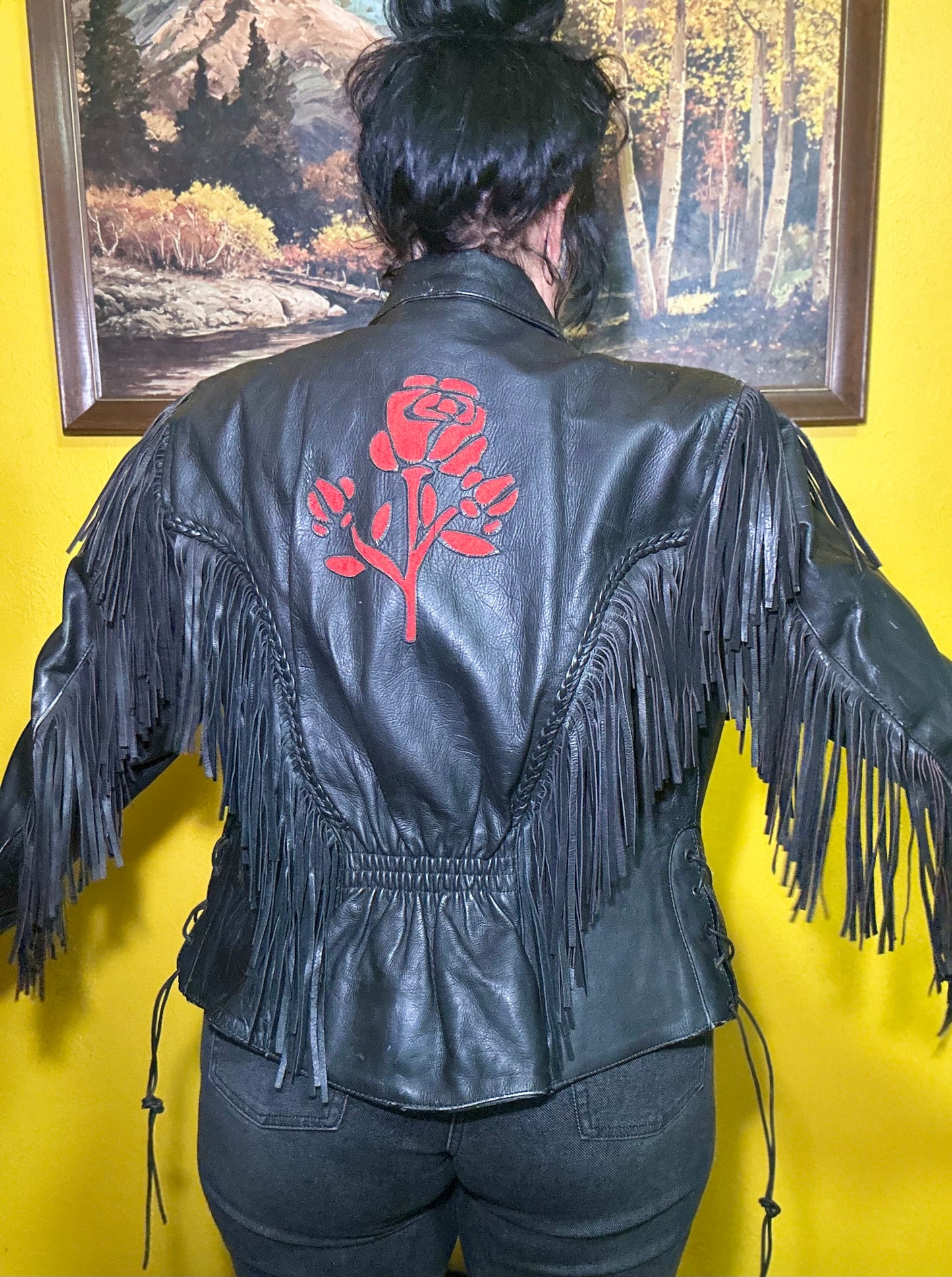 Vintage Fringed Rose Leather Riding Jacket L