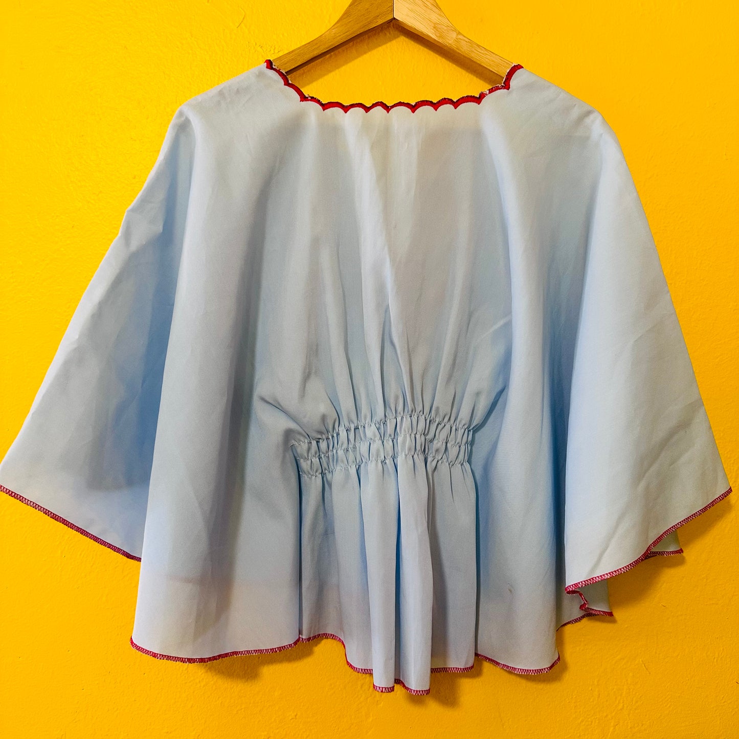 1970s Batwing Floral Baby Blue Embroidered Hippie Blouse M