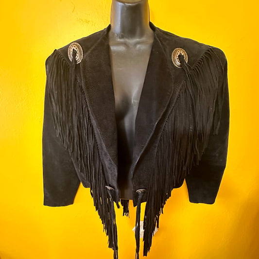 Vintage 1980s Suede Leather Fringed Concho Western Jacket size M