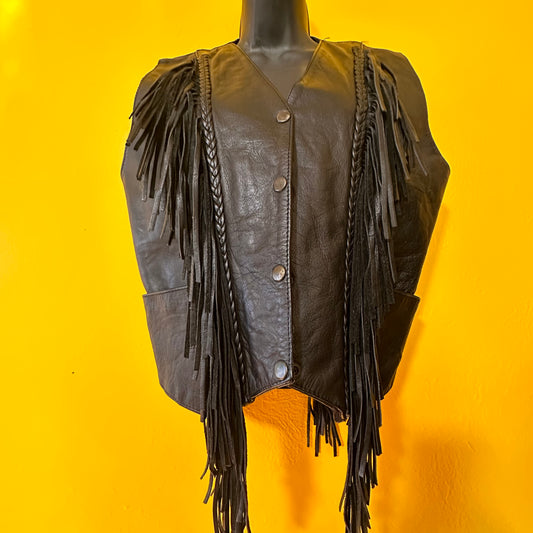 Vintage 1980s Fringed Leather Biker Vest Size M