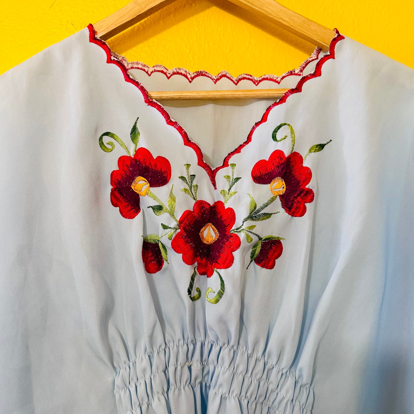 1970s Batwing Floral Baby Blue Embroidered Hippie Blouse M