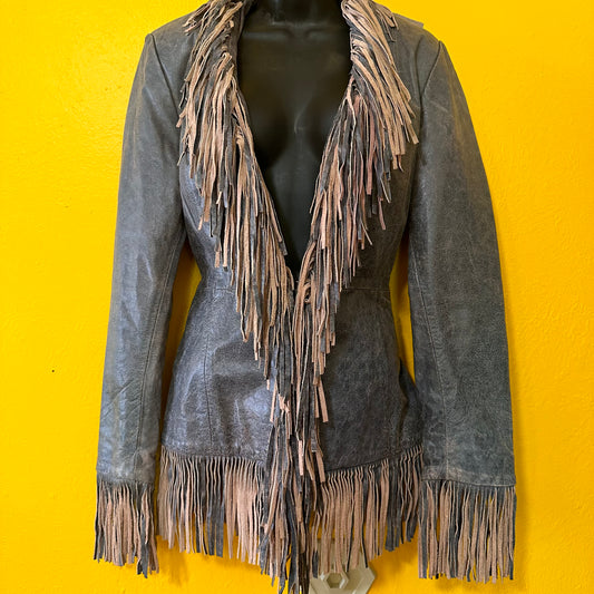 Vintage 1990s to Y2K Marbled Leather Fringed Jacket M