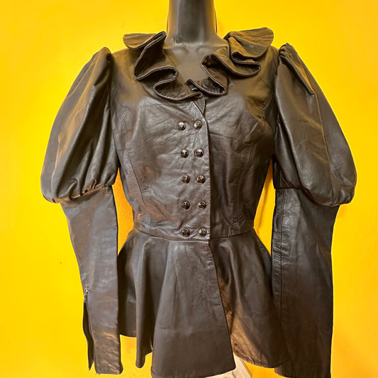 Edwardian Style Leather Double Breasted Leather Coat with Peplum skirt size XS