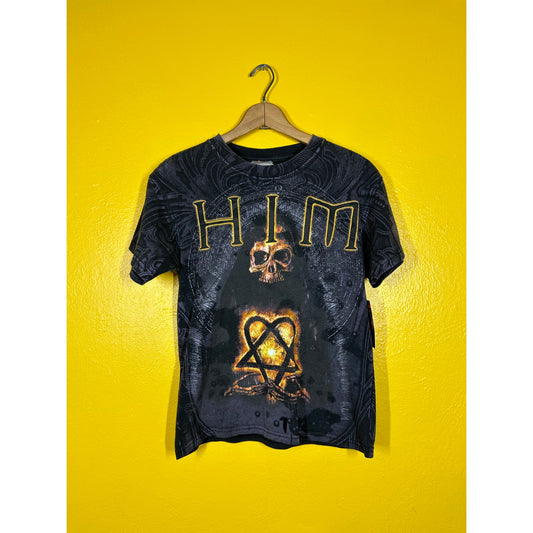 HIM Vtg 90s T shirt Sz S Goth Heartagram Metal Ville Valo AOP