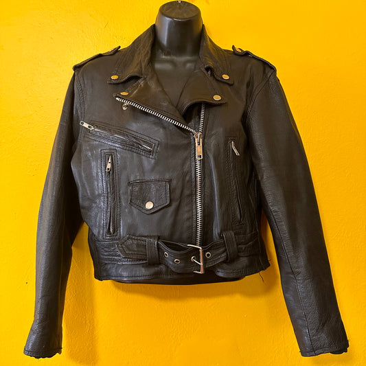 1980s Vintage Unik Leather Cropped Motorcycle Jacket M