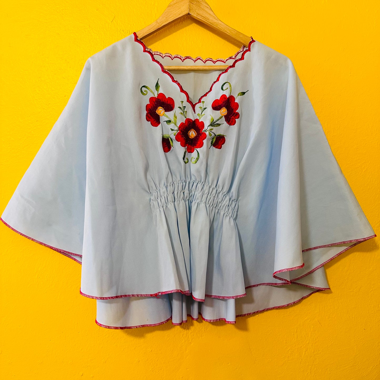 1970s Batwing Floral Baby Blue Embroidered Hippie Blouse M