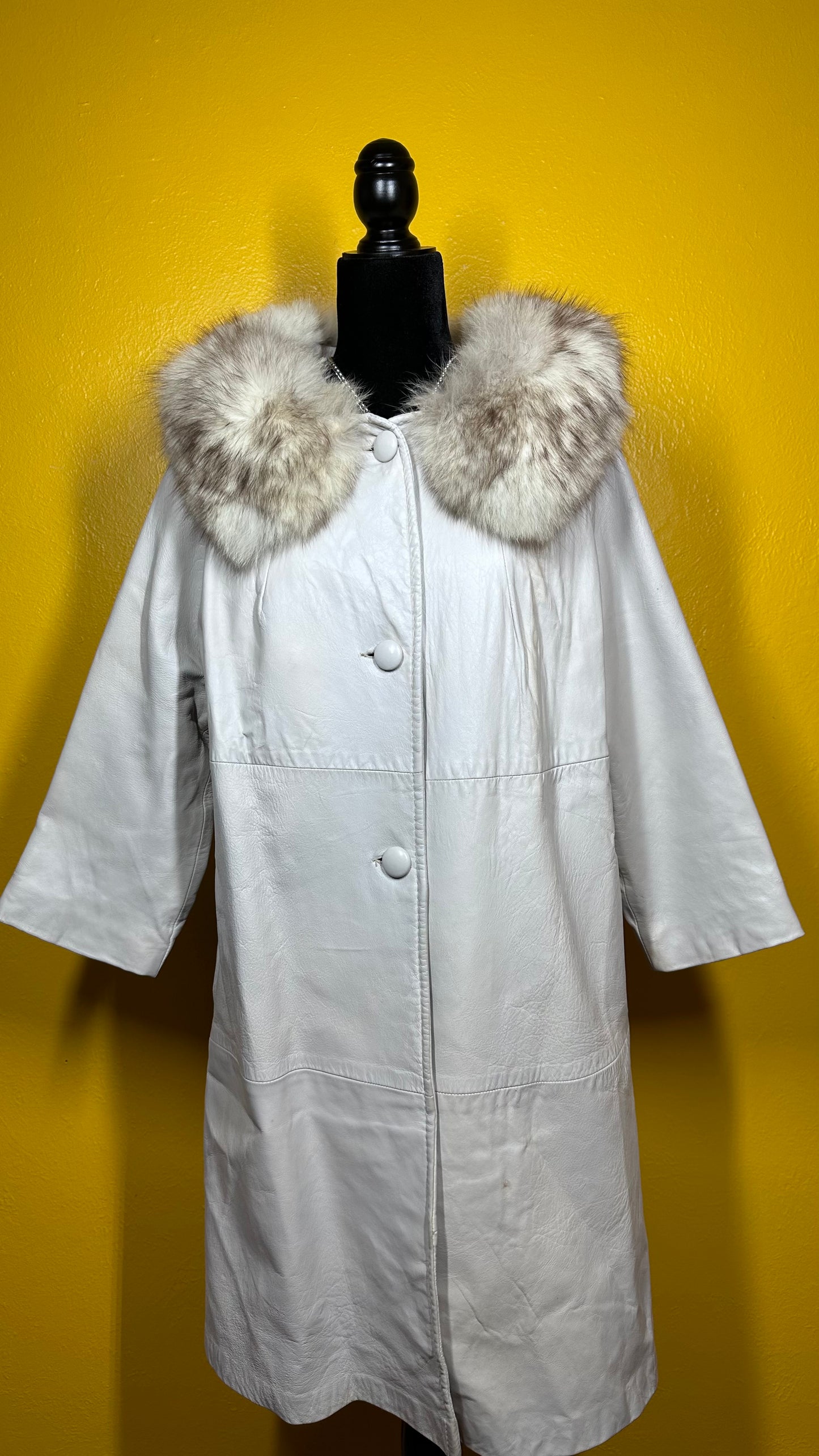 Vintage White Fox Collar Leather Swing Coat