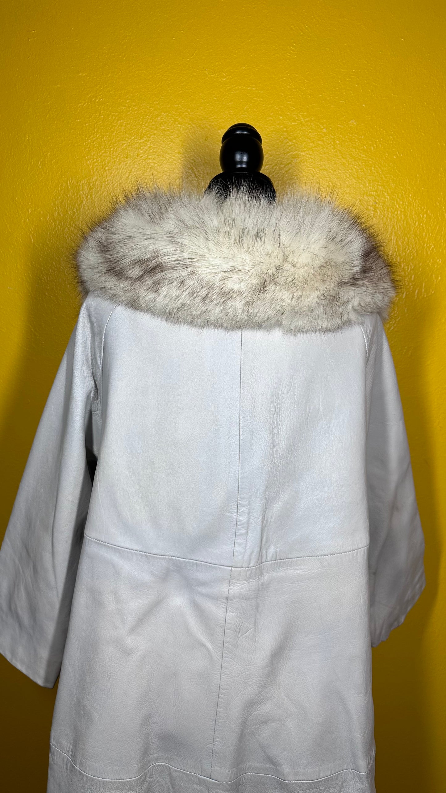 Vintage White Fox Collar Leather Swing Coat