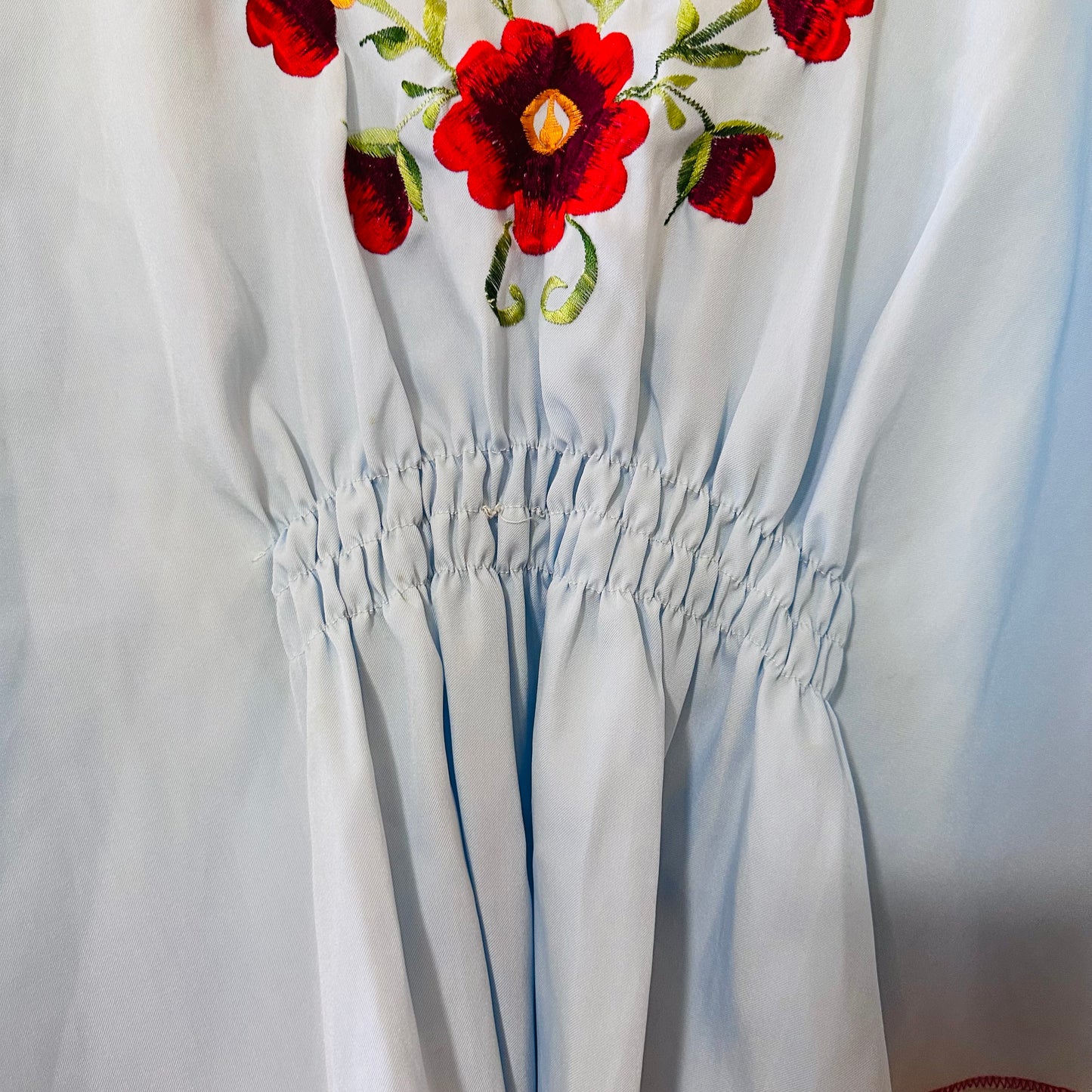 1970s Batwing Floral Baby Blue Embroidered Hippie Blouse M