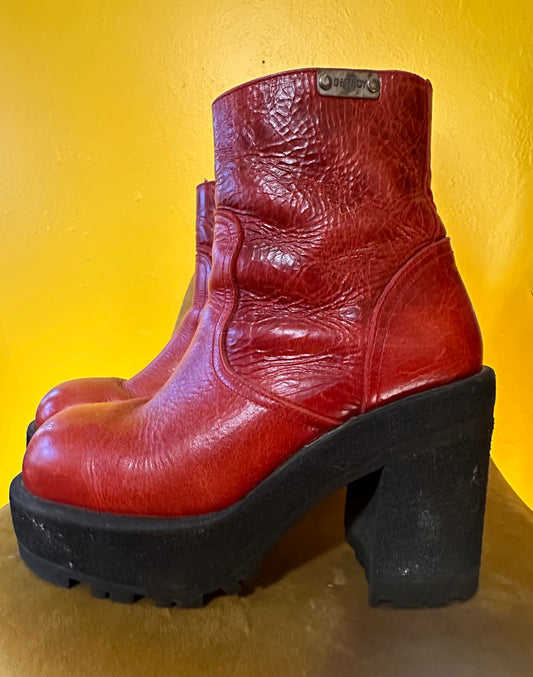 Vintage 1990s Destroy Red Leather Platform Boots Sz 9