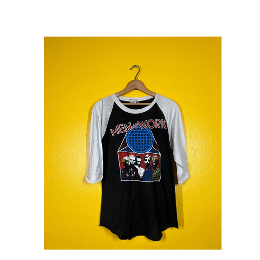 Vtg Men at Work Raglan Rock  sz M band Tee 80s Single Stitch