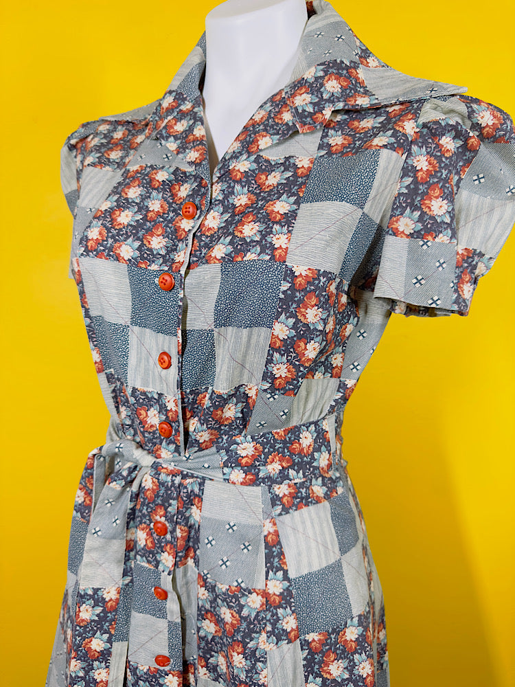 Vintage 1970s Patchwork Button Front Dress